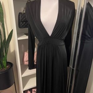 Black deep v neck high slit dress